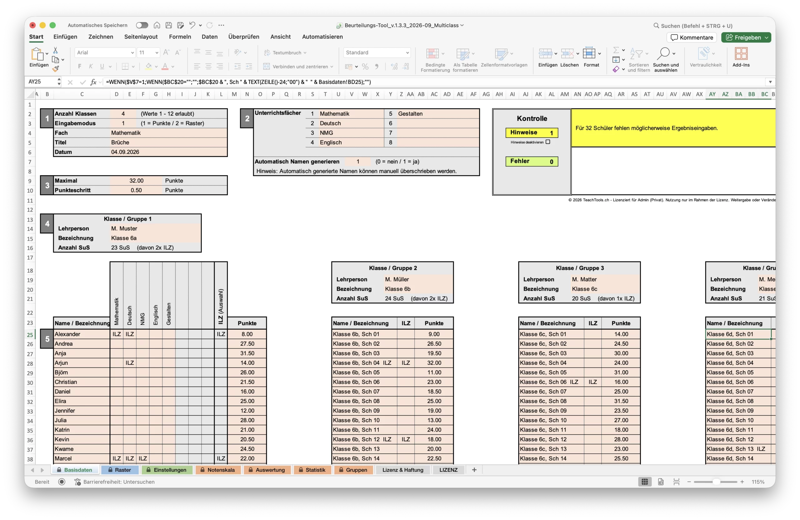 Excel-Ansicht des Blatts «Basisdaten» im Beurteilungs-Tool mit mehreren Klassen, Fächern und automatischer Fehlerkontrolle.