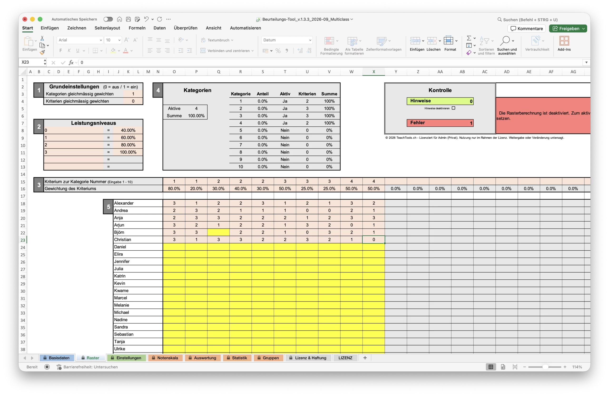 Excel-Ansicht des Blatts «Raster» mit Leistungsniveaus, Kategorien und individuell gewichteten Kriterien.