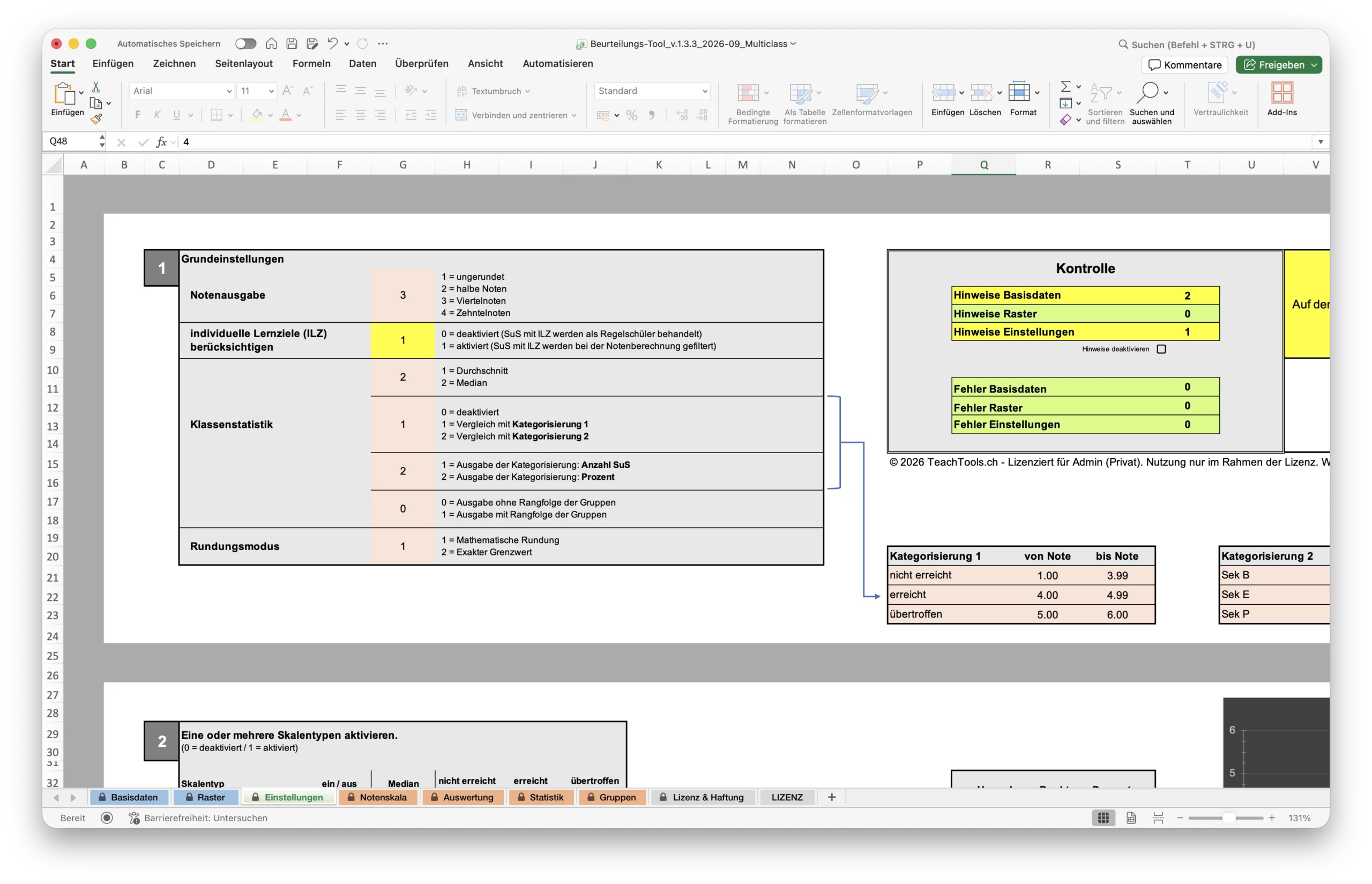 Excel-Ansicht des Blatts «Einstellungen» mit Grundeinstellungen zur Notenausgabe, ILZ-Berücksichtigung und Klassenstatistik.