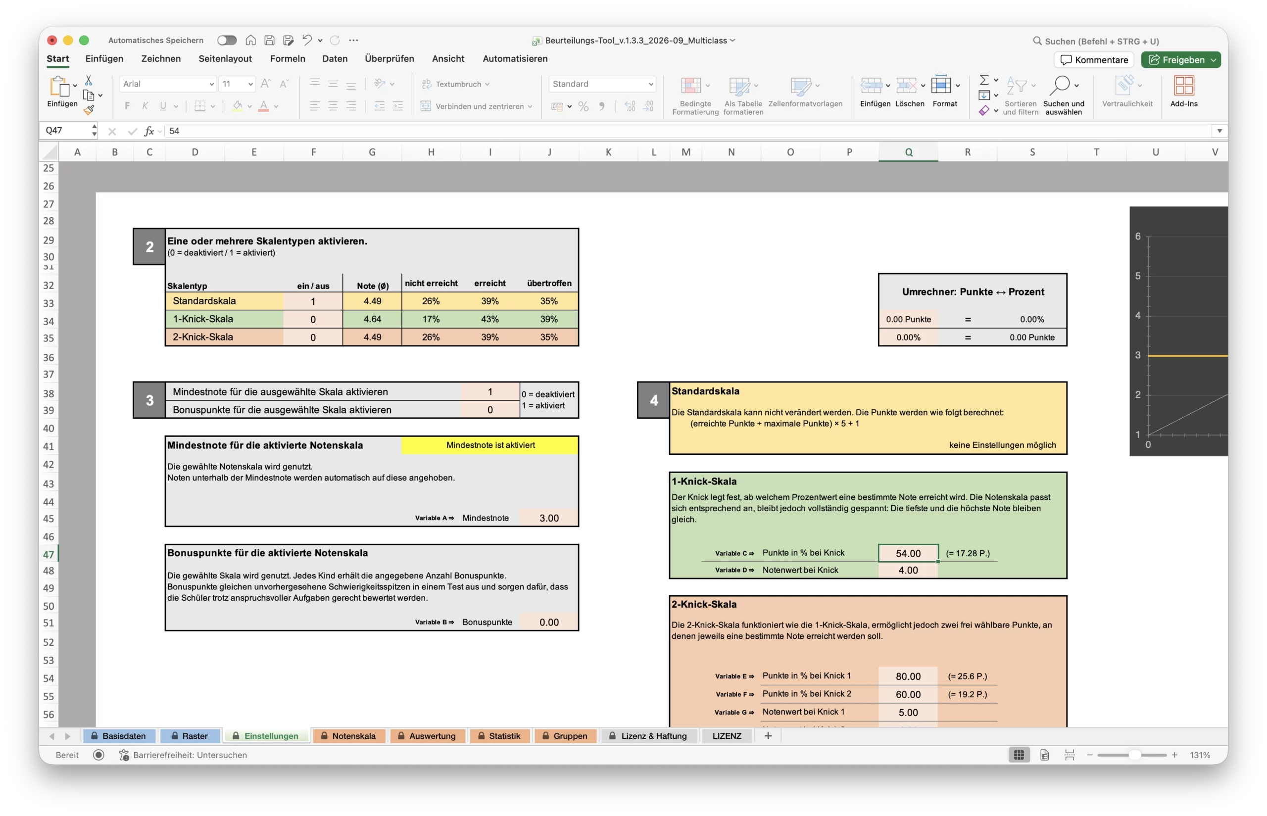 Excel-Ansicht mit Auswahl der Notenskala (Standard, 1-Knick, 2-Knick) sowie Einstellungen für Mindestnote und Bonuspunkte.